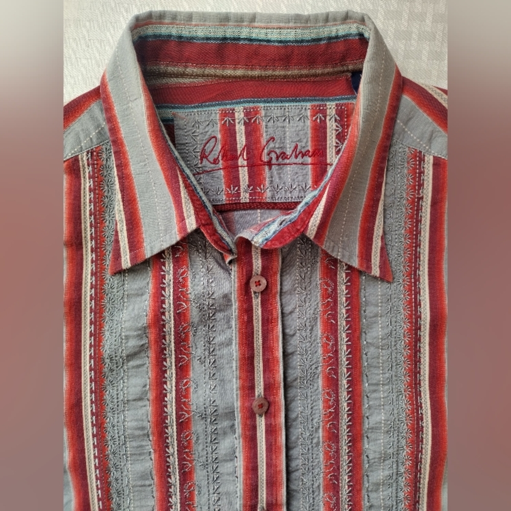 Robert Graham Long Sleeve Shirt Embroidered Texture Gray  Red Stiped Size XL